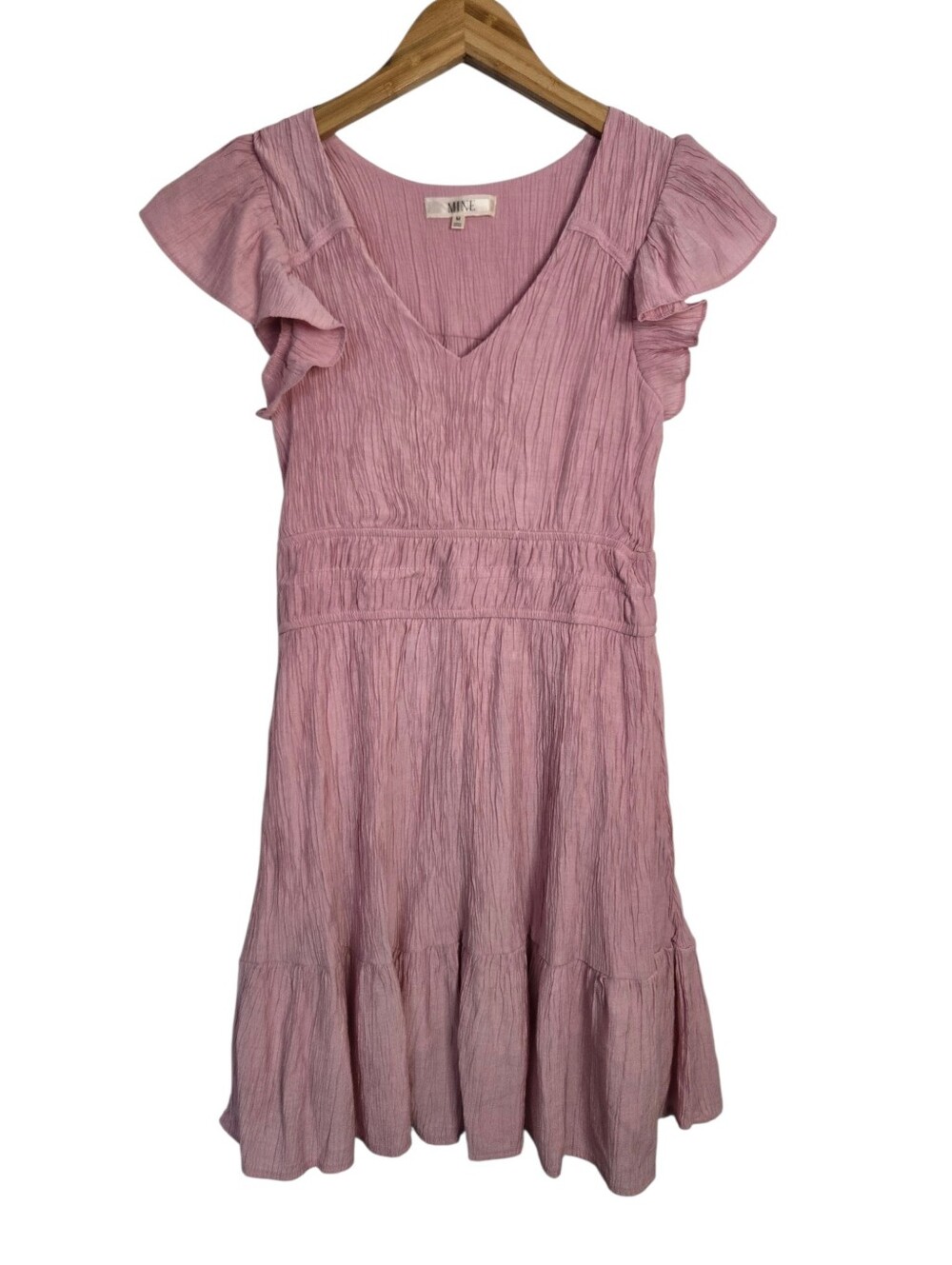 MINE Mauve Pink Crinkle Flutter Sleeve Tiered Midi Dress M